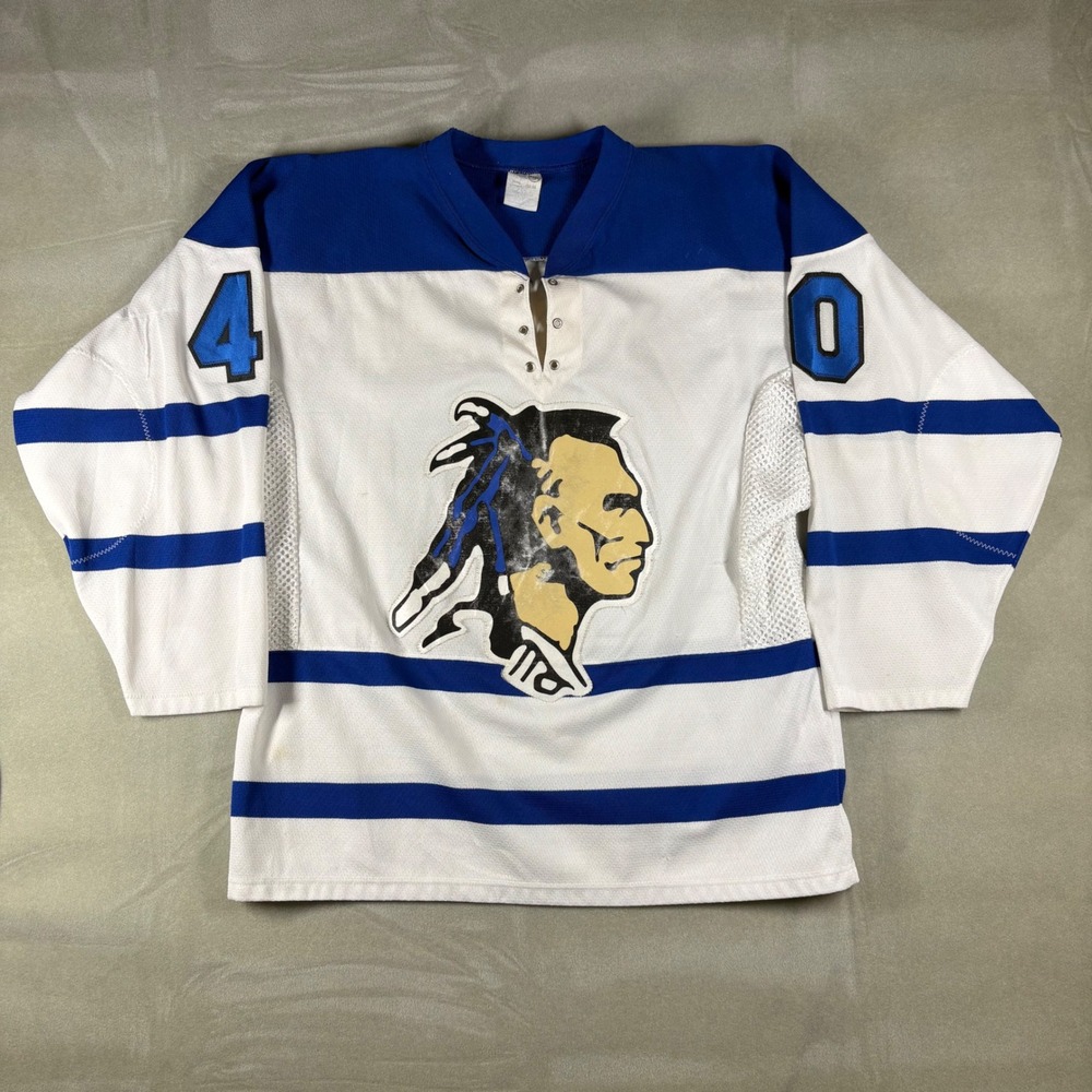 Athletic Knit AK Mens Hockey Jersey White Blue Marshall 40 Lace Neck Size Medium
